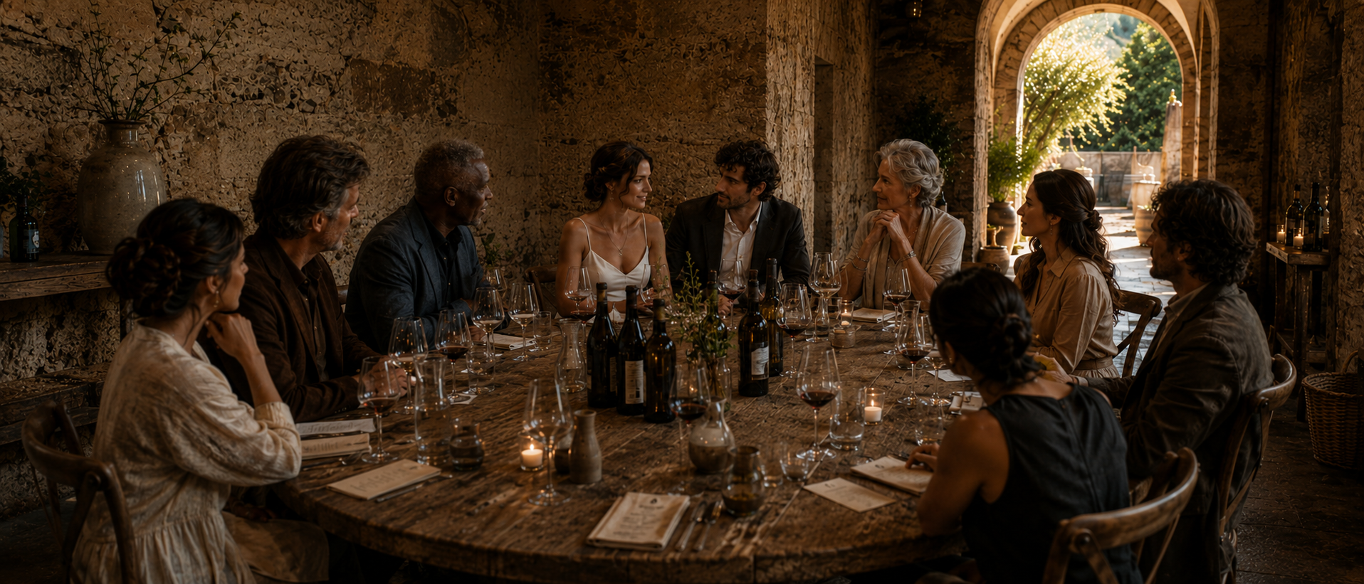 A diverse group of guests seated around a round wooden table in a stone-walled estate room, candlelit, wine bottles between them, conversation underway in the warm early evening light filtering through an arched doorway.